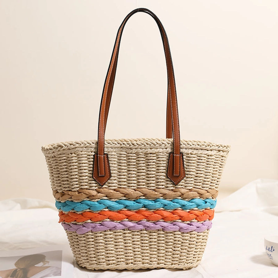 Women's Straw Stripe Vacation Weave Shell Zipper Tote Bag