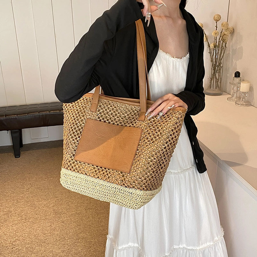 Women's Medium Straw Solid Color Basic Beach Weave Sewing Thread Square Zipper Tote Bag