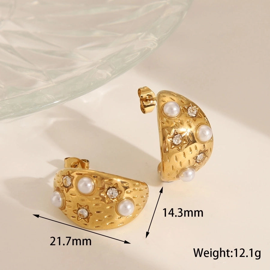 1 Pair French Style Commute IG Style C Shape Solid Color Flower 304 Stainless Steel Artificial Pearls 18K Gold Plated Stainless Steel Earrings