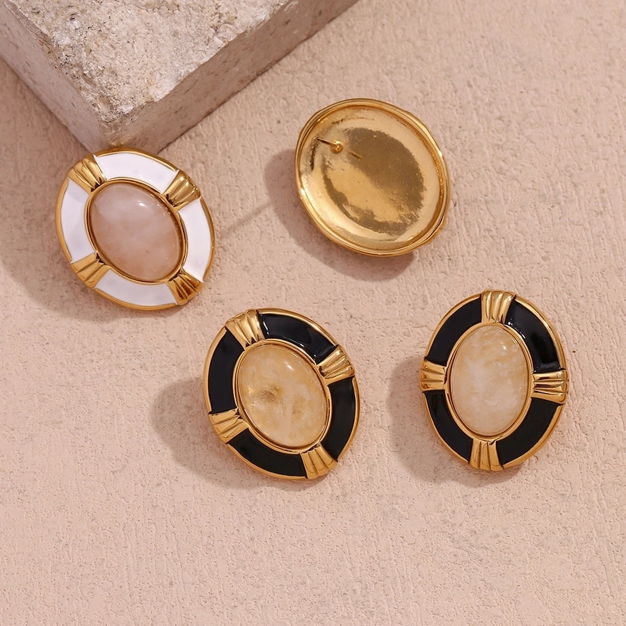 1 Pair Vintage Style Simple Style Classic Style Oval Plating Inlay 304 Stainless Steel Natural Stone 18K Gold Plated Ear Studs - CEJEW