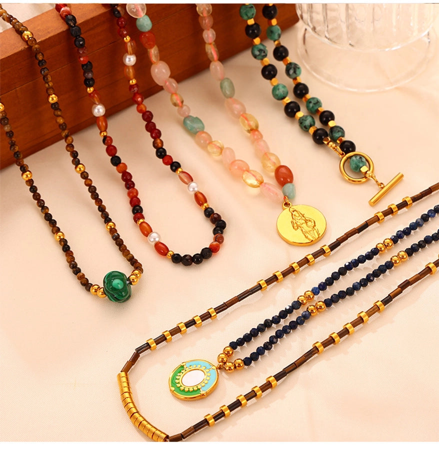 304 Stainless Steel natural stone Agate 18K Gold Plated Casual Retro Beaded Enamel Plating Round Necklace