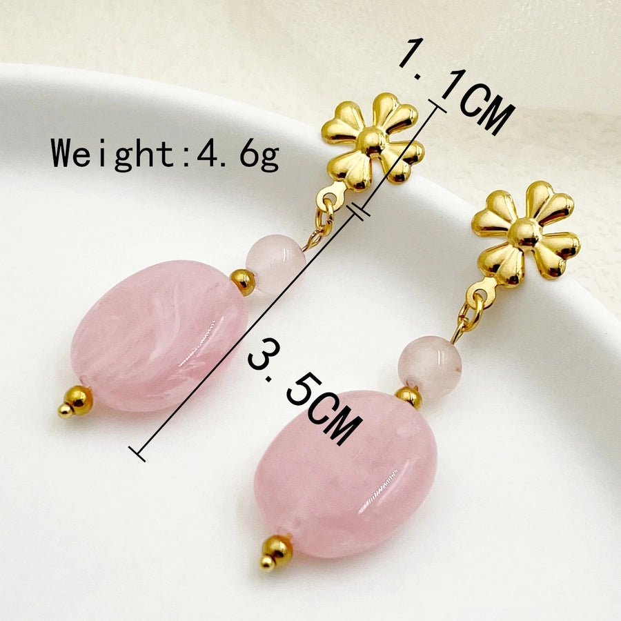 1 Pair Elegant Oval Plating 304 Stainless Steel Natural Stone 14K Gold Plated Drop Earrings