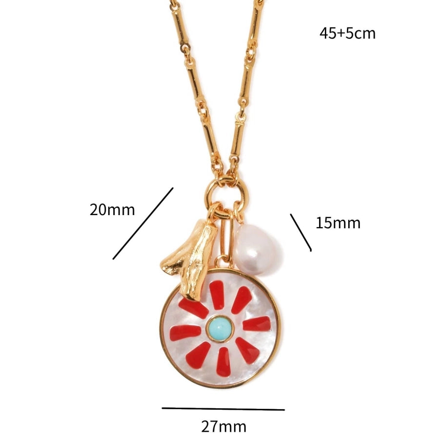 Copper Gold Plated Enamel Inlay Round Star Heart Shape Gem Pearl Pendant Necklace