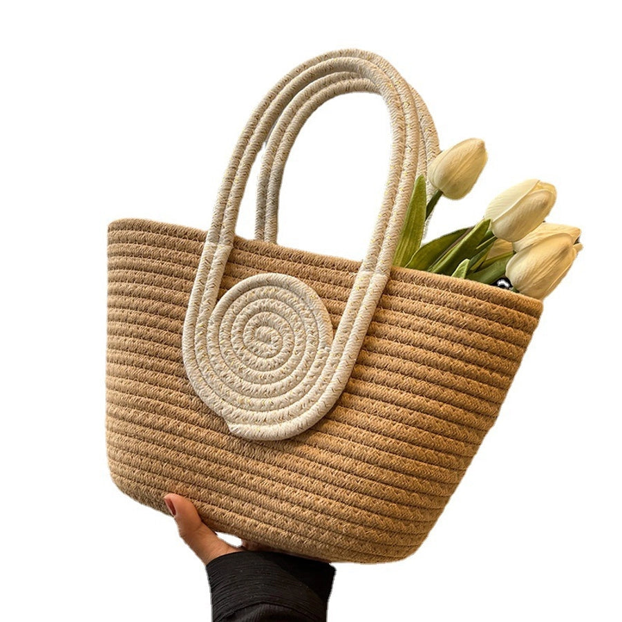 Women's cotton thread Splicing Vacation Weave Bucket Open Handbag