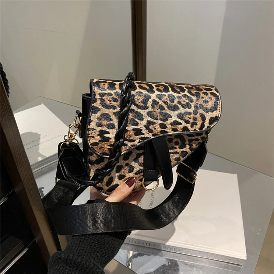 Women's Medium Pu Leather Leopard Streetwear Square Magnetic Buckle Saddle Bag