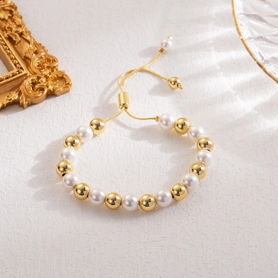 ig style simple style round imitation pearl copper 18k gold plated bracelets in bulk