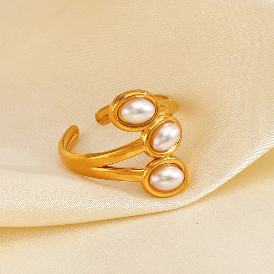 Jewelry Vintage Style Geometric 304 Stainless Steel Artificial Pearls 18K Gold Plated Inlay Open Rings