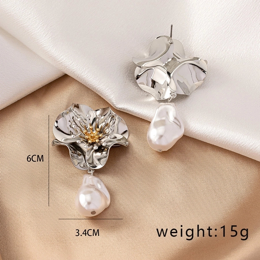 1 pair elegant retro french style flower plating inlay alloy pearl gold plated drop earrings