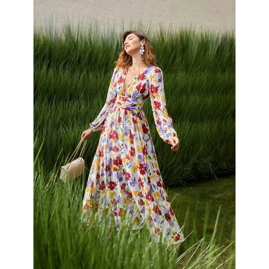 Women's Swing Dress Streetwear V Neck Long Sleeve Flower Maxi Long Dress Holiday