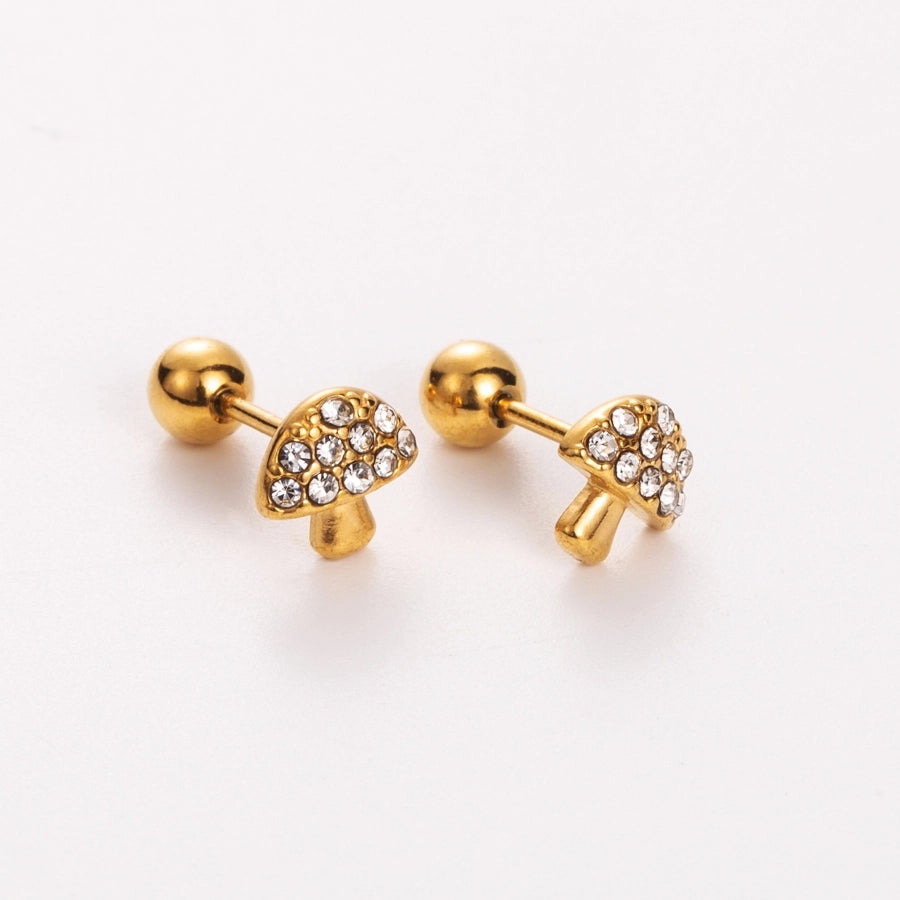 Simple Style Shiny Heart Shape Mushroom Planet Plating Inlay 304 Stainless Steel Artificial Diamond 14K Gold Plated Ear Studs