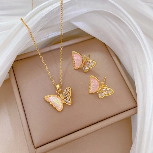 Jewelry Luxurious Classic Style Artistic Butterfly Titanium Steel Copper Zircon Gold Plated Inlay Jewelry Set