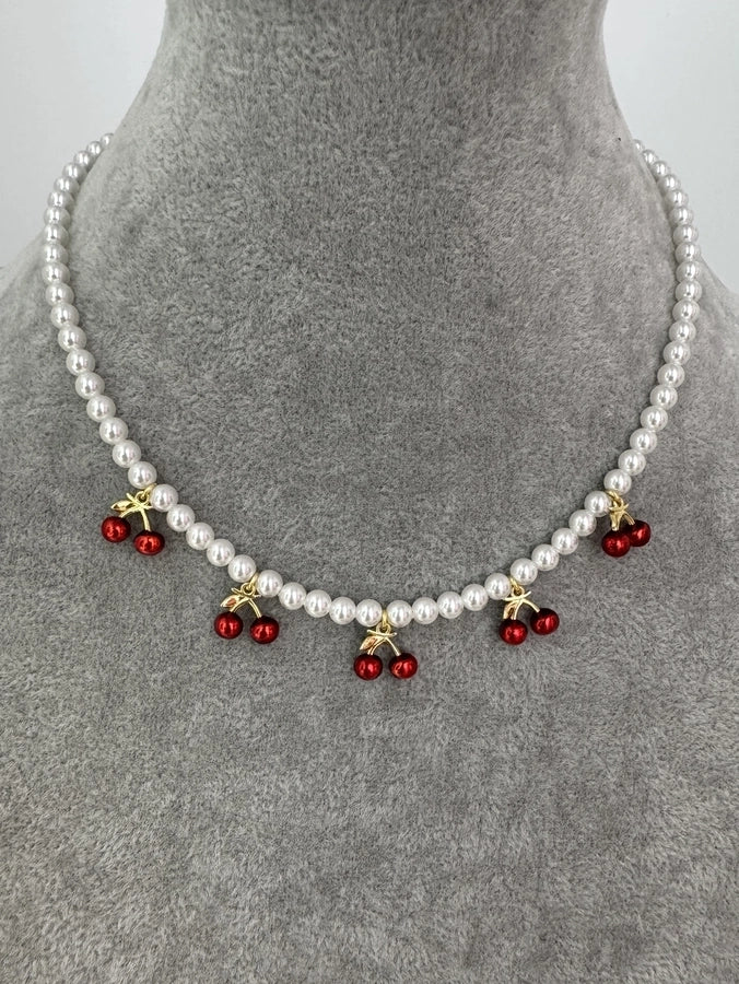 Artificial Pearl Brass 18K Gold Plated Beaded Cherry Brass Necklace - CEJEW