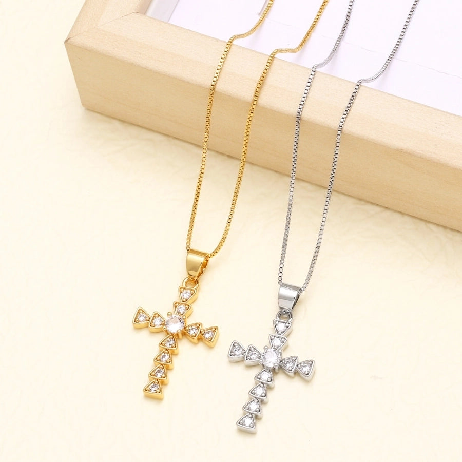 Copper 18K Gold Plated Plating Inlay Cross Zircon Pendant Necklace