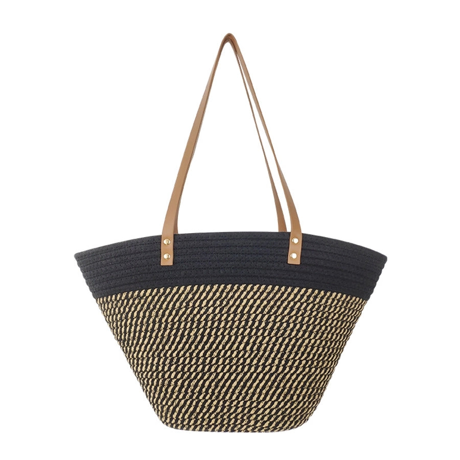 Women's Large Cotton Color Block Vacation Beach Weave Bucket Open Tote Bag