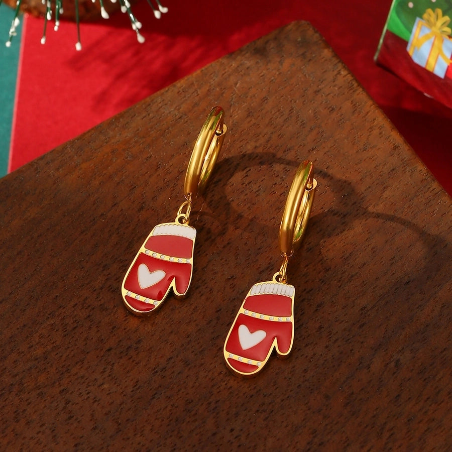 A Pair of Christmas 18K Real Gold Stainless Steel Colorful Oil Necklace Christmas Tree Elk Earrings Ear Clip Women's Christmas Gift