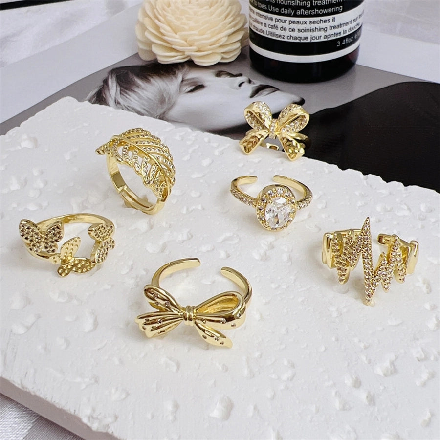 Copper 18K Gold Plated Inlay Butterfly Bow Knot Zircon Open Rings - CEJEW