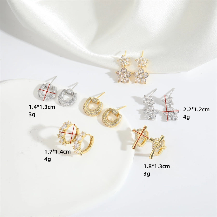 1 Pair Simple Style Shiny Cross Heart Shape Flower Inlay Copper Zircon 14K Gold Plated Copper Earrings - CEJEW