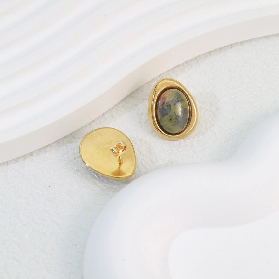 1 Pair Elegant Classical Commute Oval Inlay 304 Stainless Steel Opal 18K Gold Plated Ear Studs