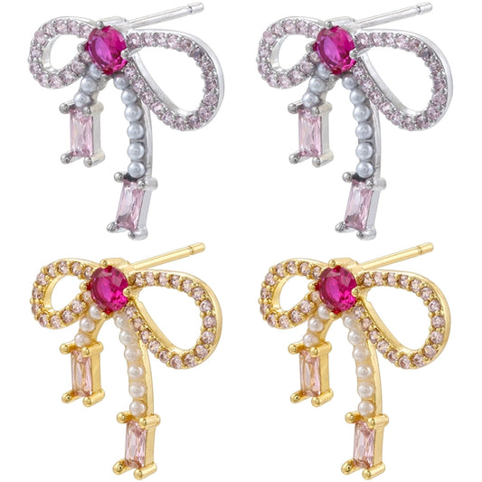 1 Pair Elegant Lady Streetwear Bow Knot Plating Inlay Copper Artificial Pearls Zircon 18K Gold Plated Ear Studs