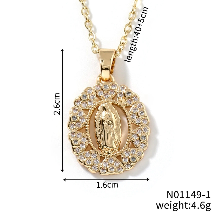 Jewelry Vintage Style Virgin Mary Oval Heart Shape 304 Stainless Steel Copper Zircon K Gold Plated Inlay Pendant Necklace