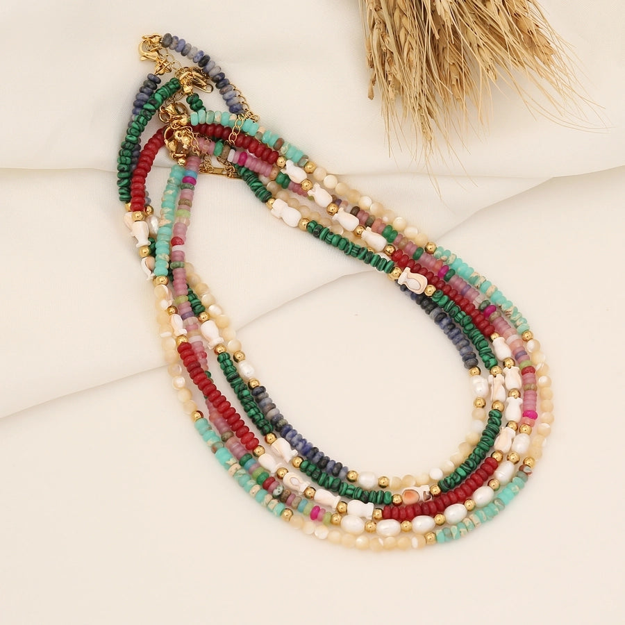 bohemian color block stainless steel natural stone beaded handmade necklace 1 piece