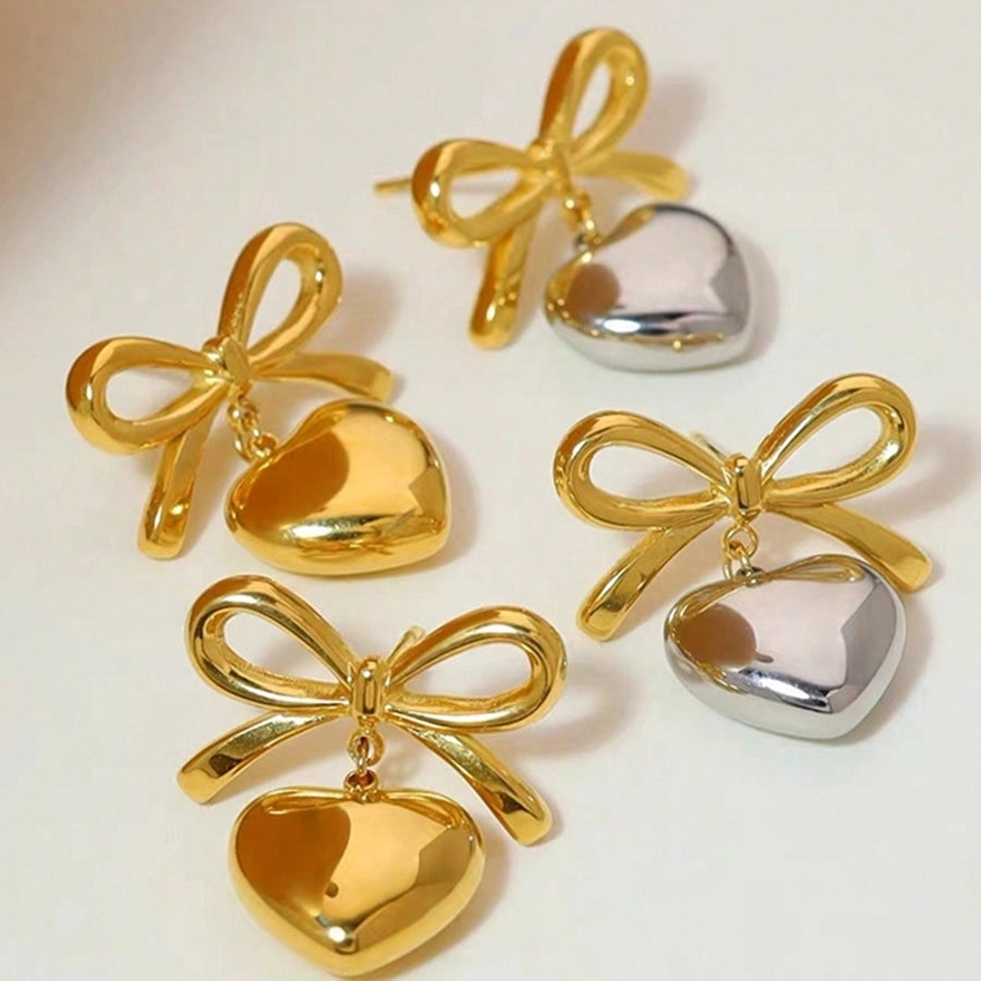 1 Pair Elegant Glam Classic Style Heart Shape Bow Knot 304 Stainless Steel 18K Gold Plated Drop Earrings - CEJEW