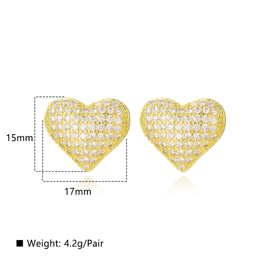 1 Pair Casual Simple Style Heart Shape Copper Zircon 18K Gold Plated Ear Studs