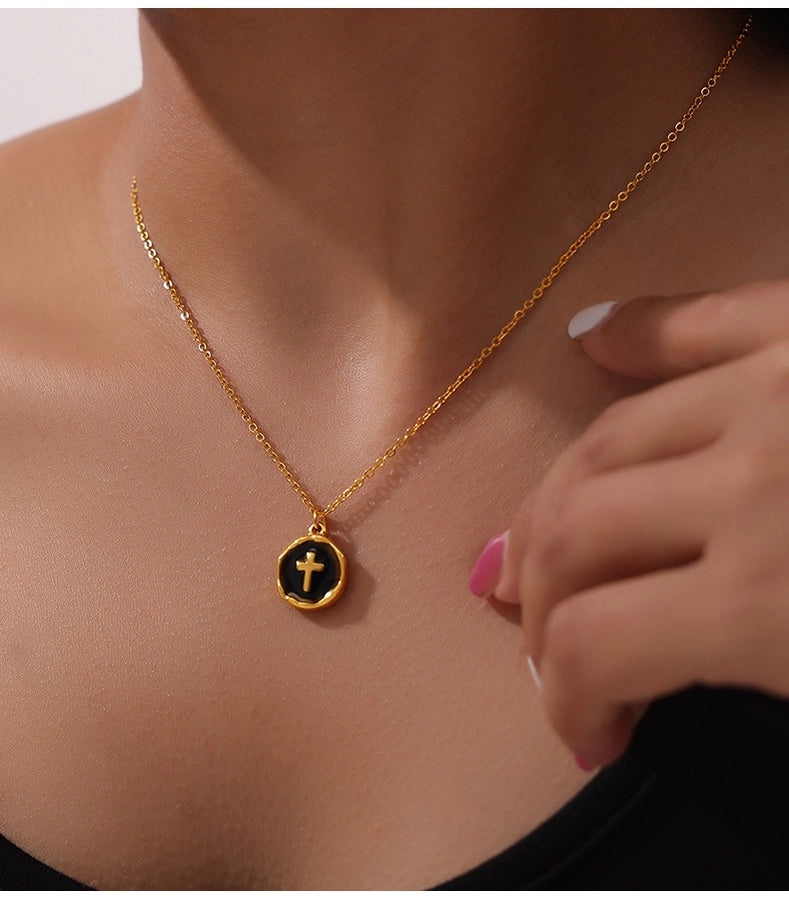 304 Stainless Steel 18K Gold Plated Casual Simple Style Commute Enamel Plating Cross Round Heart Shape Pendant Necklace - CEJEW