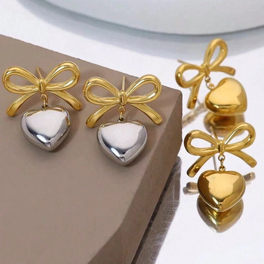 1 Pair Elegant Glam Classic Style Heart Shape Bow Knot 304 Stainless Steel 18K Gold Plated Drop Earrings - CEJEW