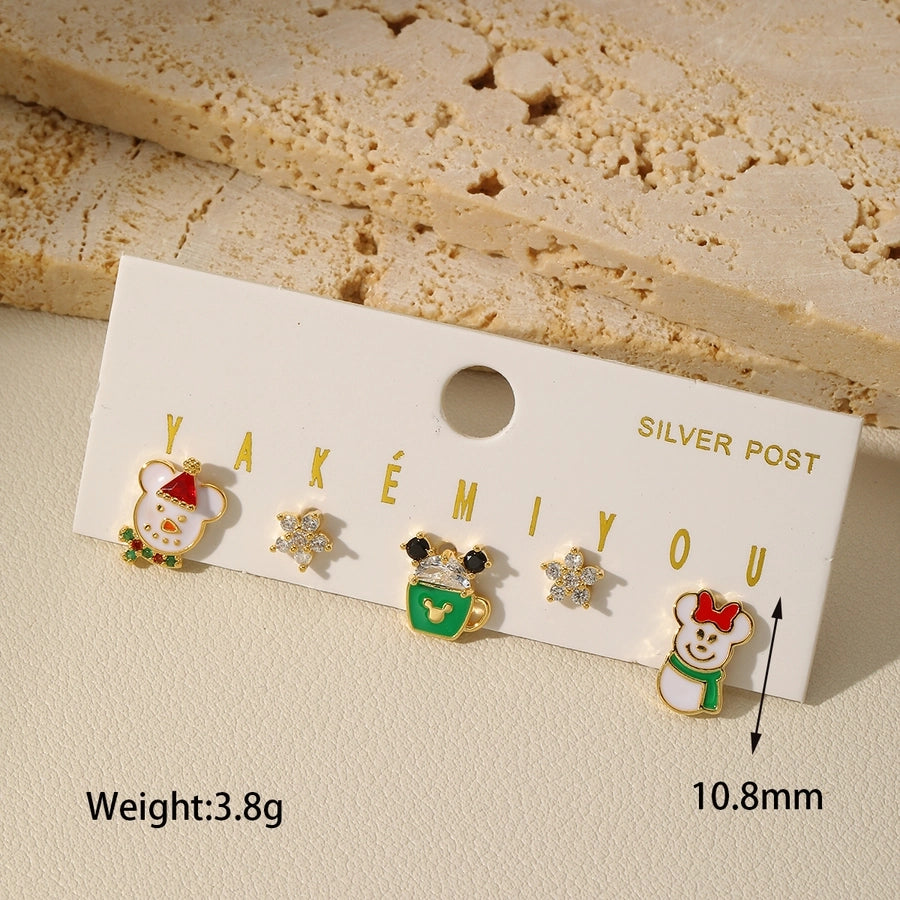 1 Set Cute Bear Snowman Enamel Plating Inlay Copper Zircon 14K Gold Plated Ear Studs - CEJEW