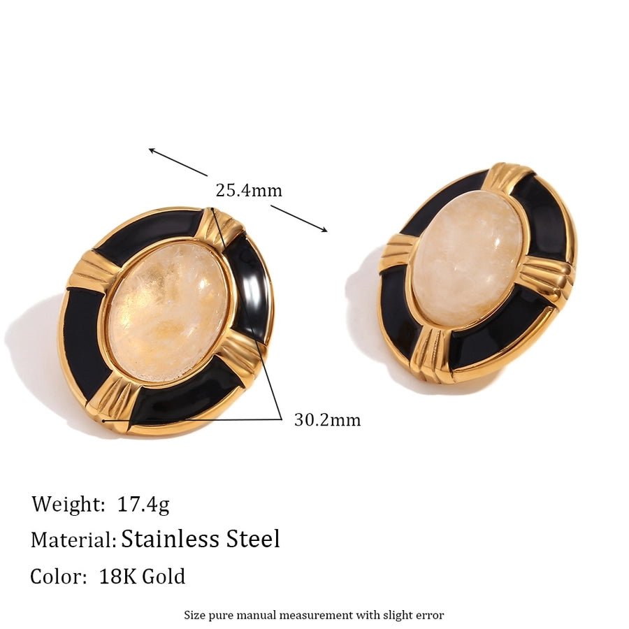 1 Pair Vintage Style Simple Style Classic Style Oval Plating Inlay 304 Stainless Steel Natural Stone 18K Gold Plated Ear Studs - CEJEW