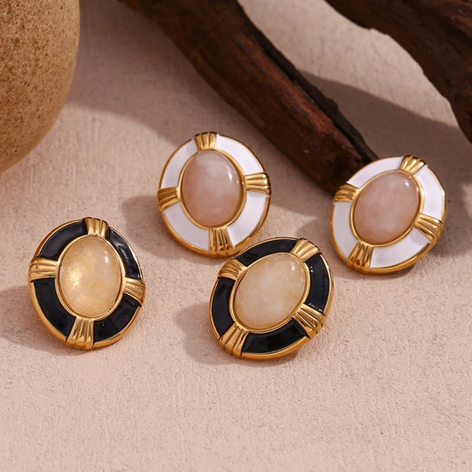 1 Pair Vintage Style Simple Style Classic Style Oval Plating Inlay 304 Stainless Steel Natural Stone 18K Gold Plated Ear Studs - CEJEW