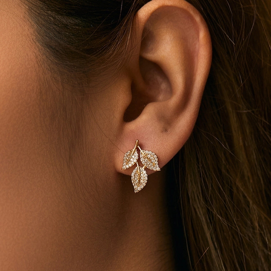 1 Pair Elegant Classic Style Streetwear Leaf Heart Shape Bow Knot Copper Zircon Ear Studs