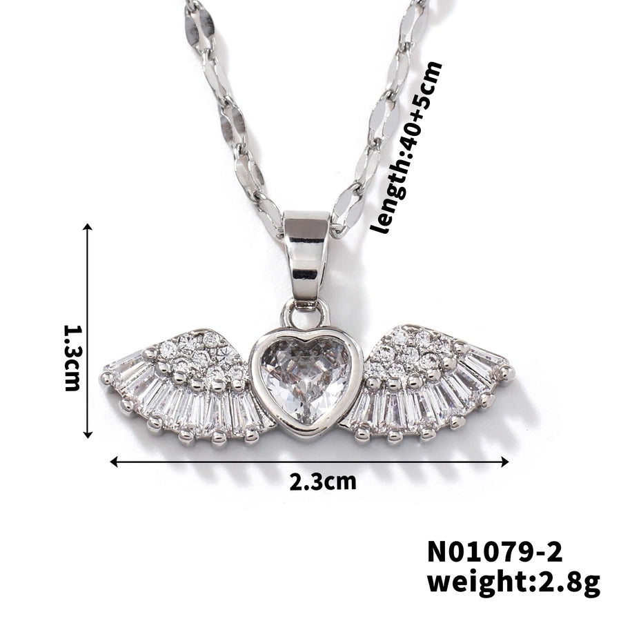 304 Stainless Steel Copper K Gold Plated Rhodium Plated Inlay Wings Zircon Pendant Necklace