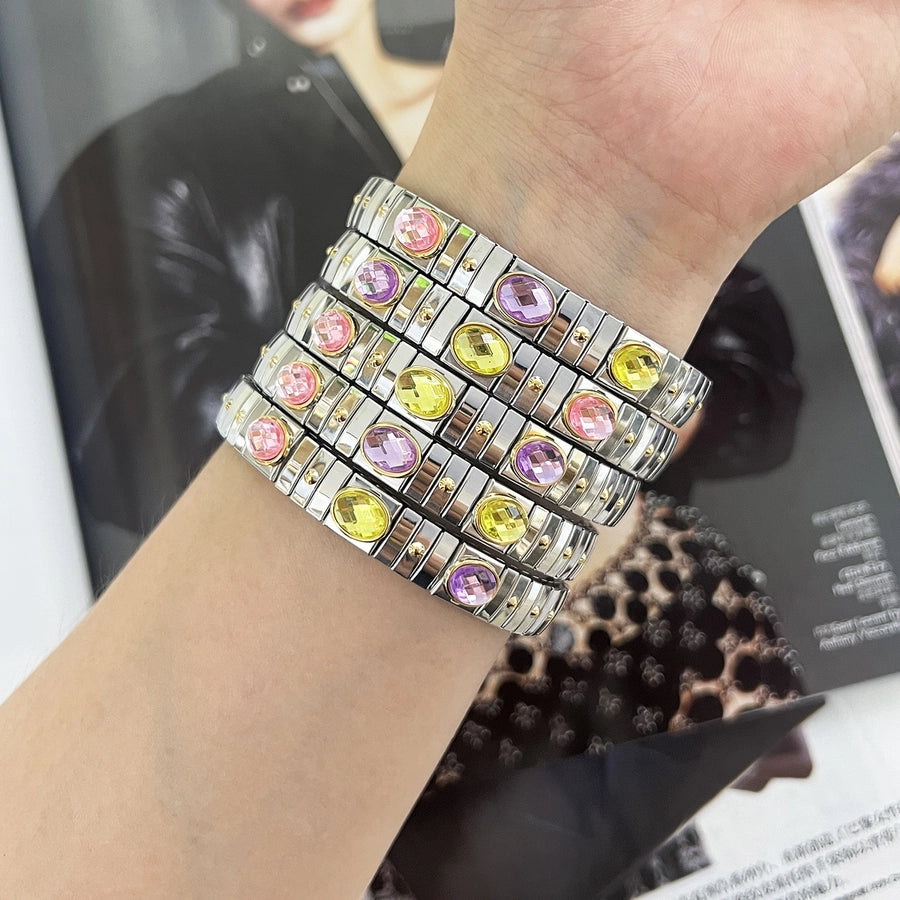 Rock Punk Shiny Geometric Titanium Steel Rhinestones Bangle In Bulk