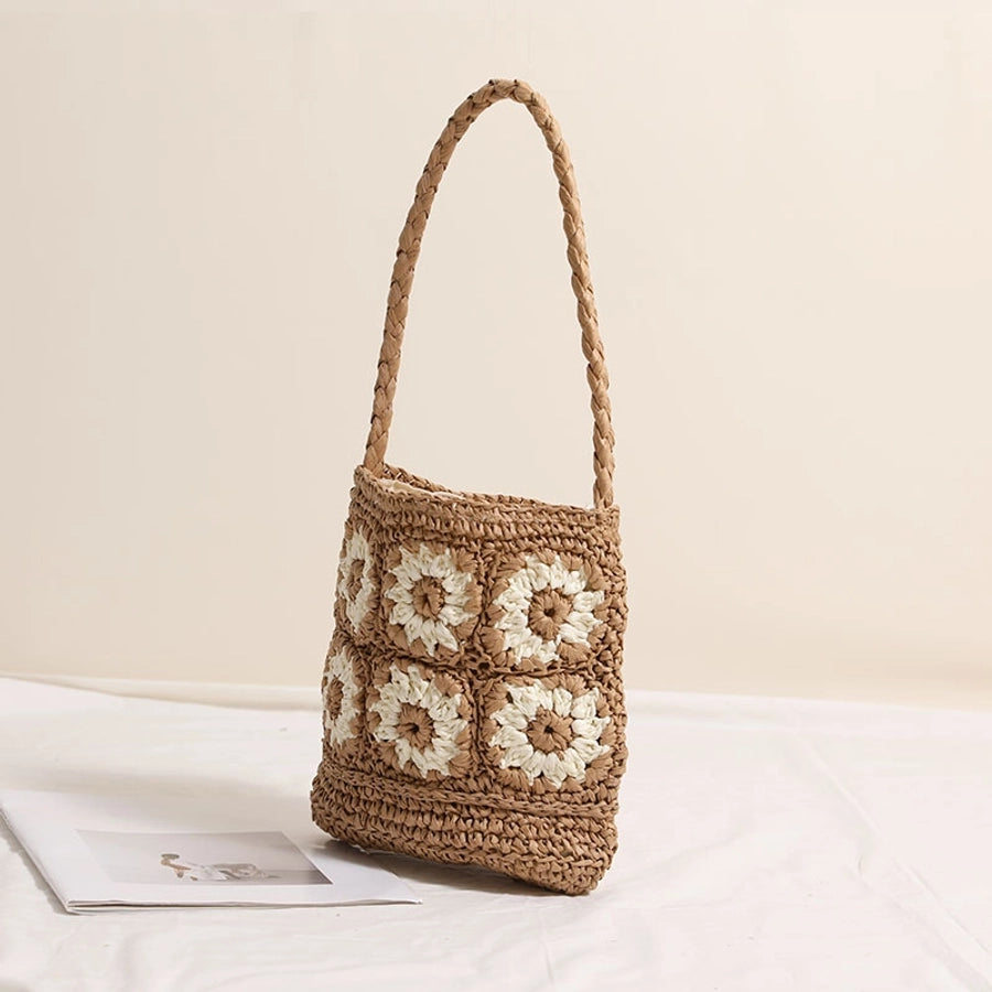 Women's Medium Paper Floral Elegant Streetwear Square String Straw Bag