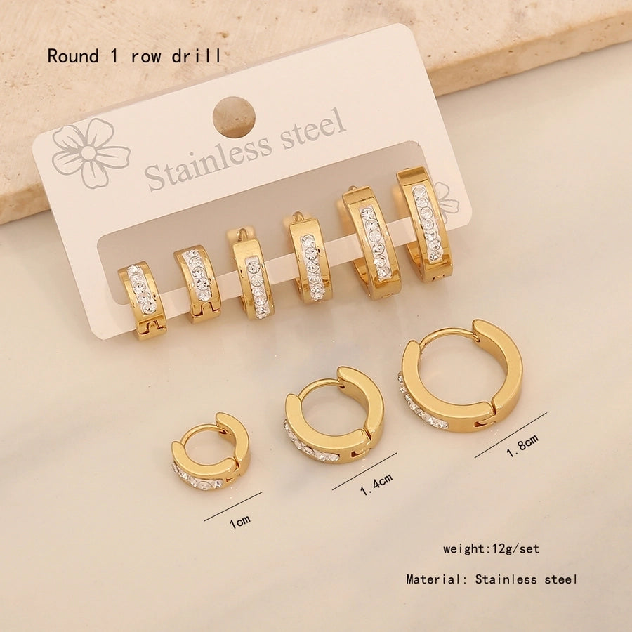 3 Pairs Lady Commute Geometric Inlay 304 Stainless Steel Zircon 18K Gold Plated Earrings