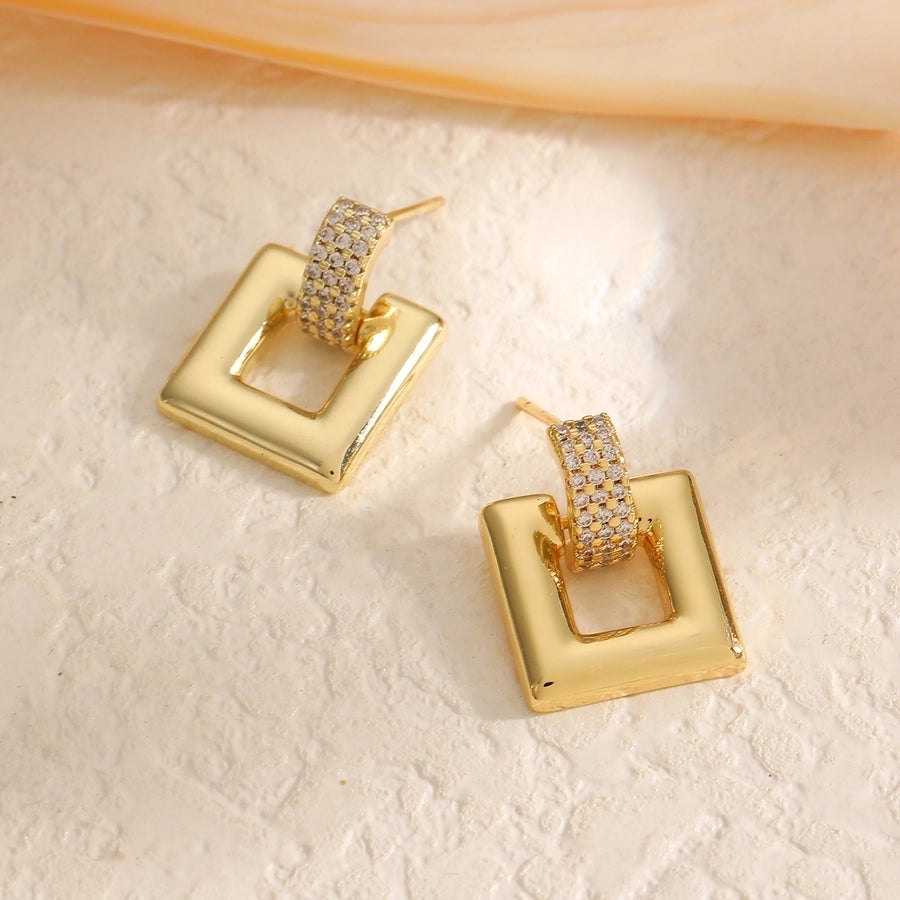 1 Pair Elegant Luxurious Round Square Copper Zircon 18K Gold Plated Drop Earrings