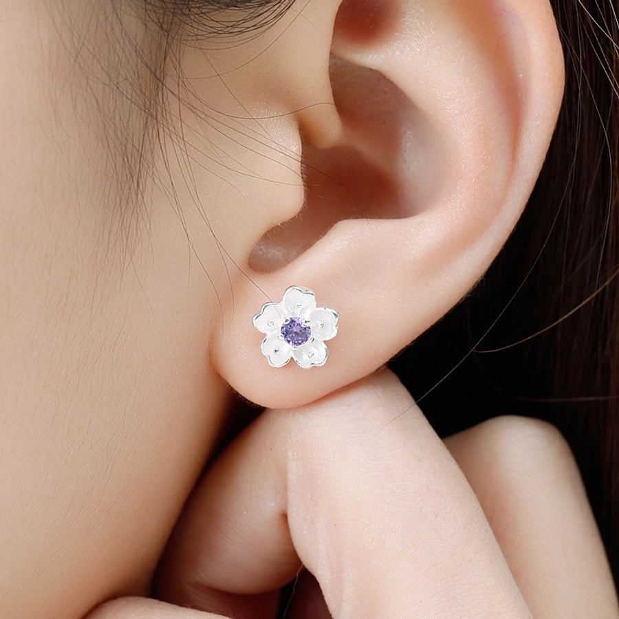 1 pair elegant lady flower inlay white copper artificial gemstones ear studs