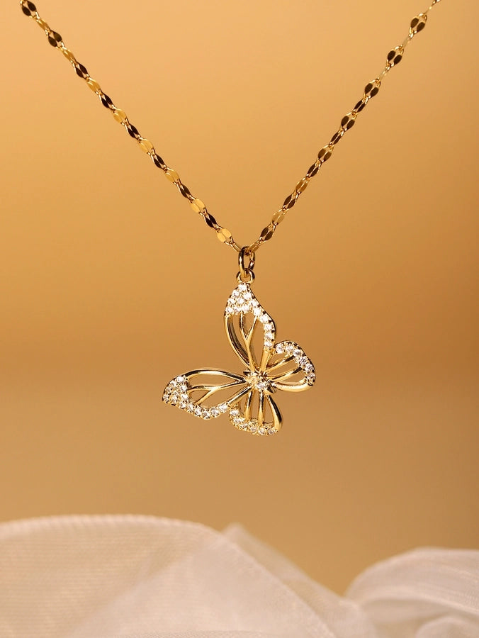 Jewelry Elegant Butterfly Stainless Steel Zircon Plating Inlay Necklace