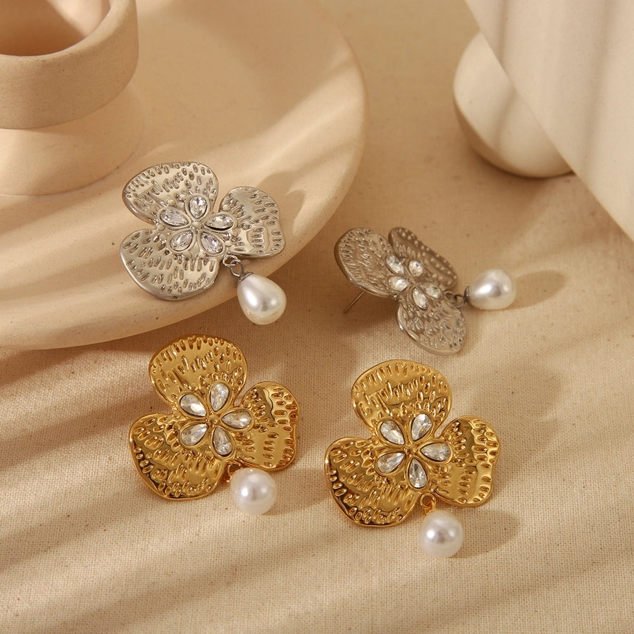 1 Pair Vintage Style Flower Plating Inlay 304 Stainless Steel Imitation Pearl Zircon 18K Gold Plated Ear Studs - CEJEW