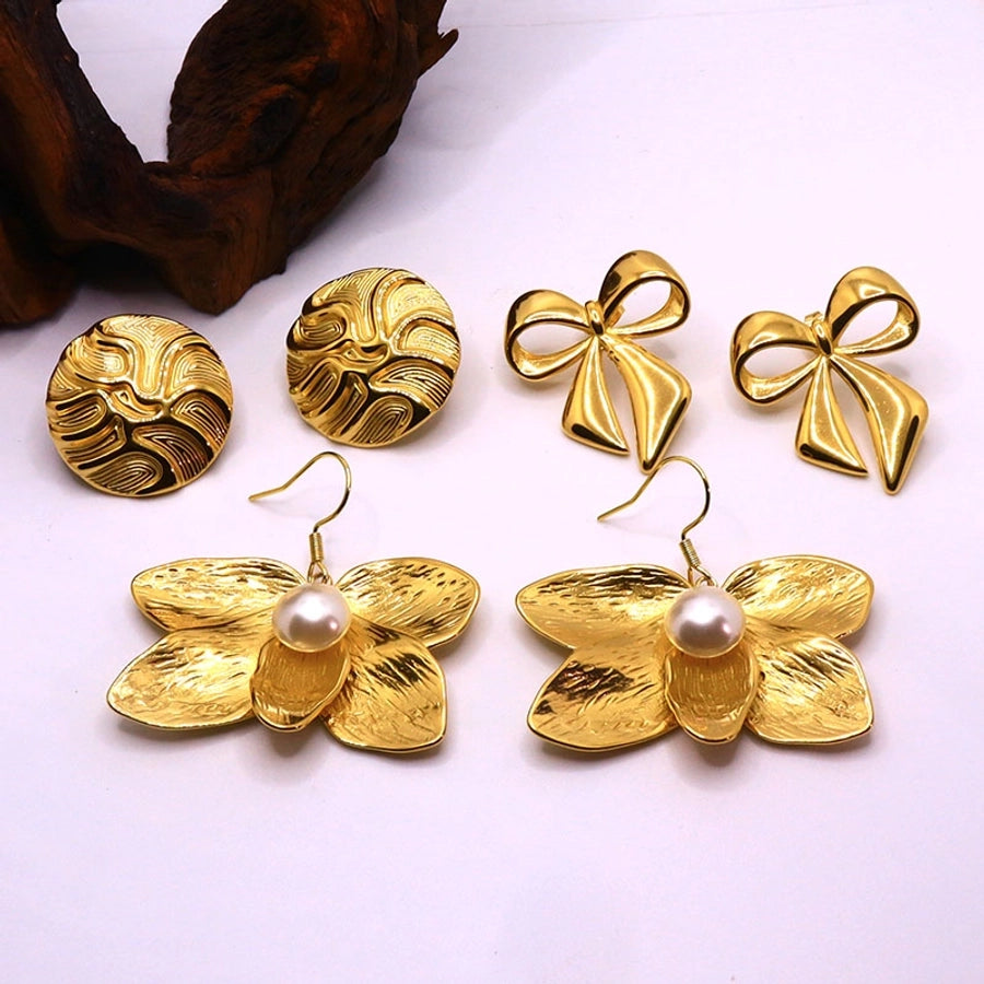 1 Pair Elegant IG Style Flower Bow Knot Inlay 304 Stainless Steel Pearl 18K Gold Plated Drop Earrings Ear Studs - CEJEW