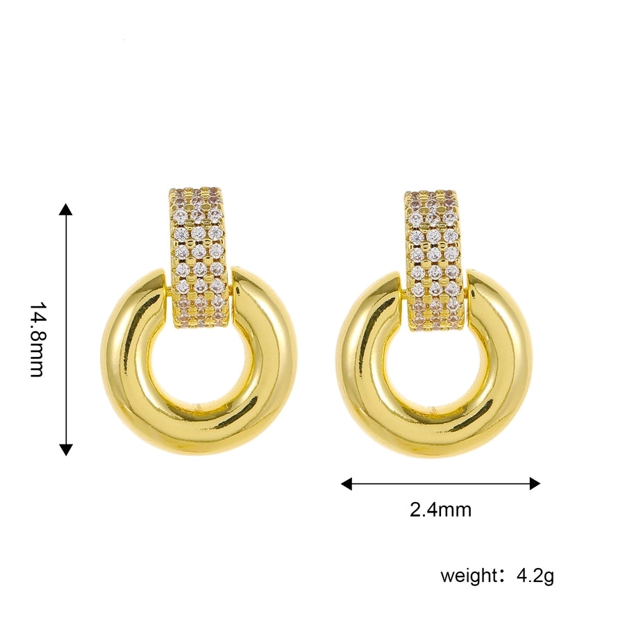 1 Pair Elegant Luxurious Round Square Copper Zircon 18K Gold Plated Drop Earrings