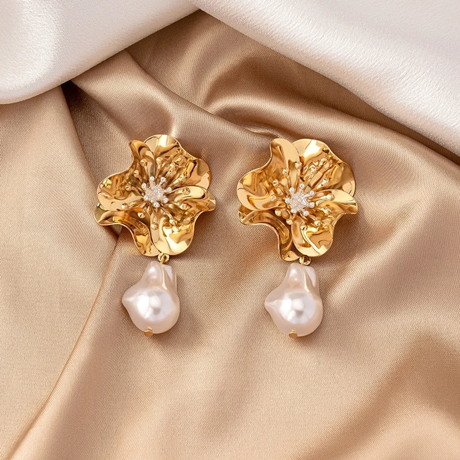 1 pair elegant retro french style flower plating inlay alloy pearl gold plated drop earrings