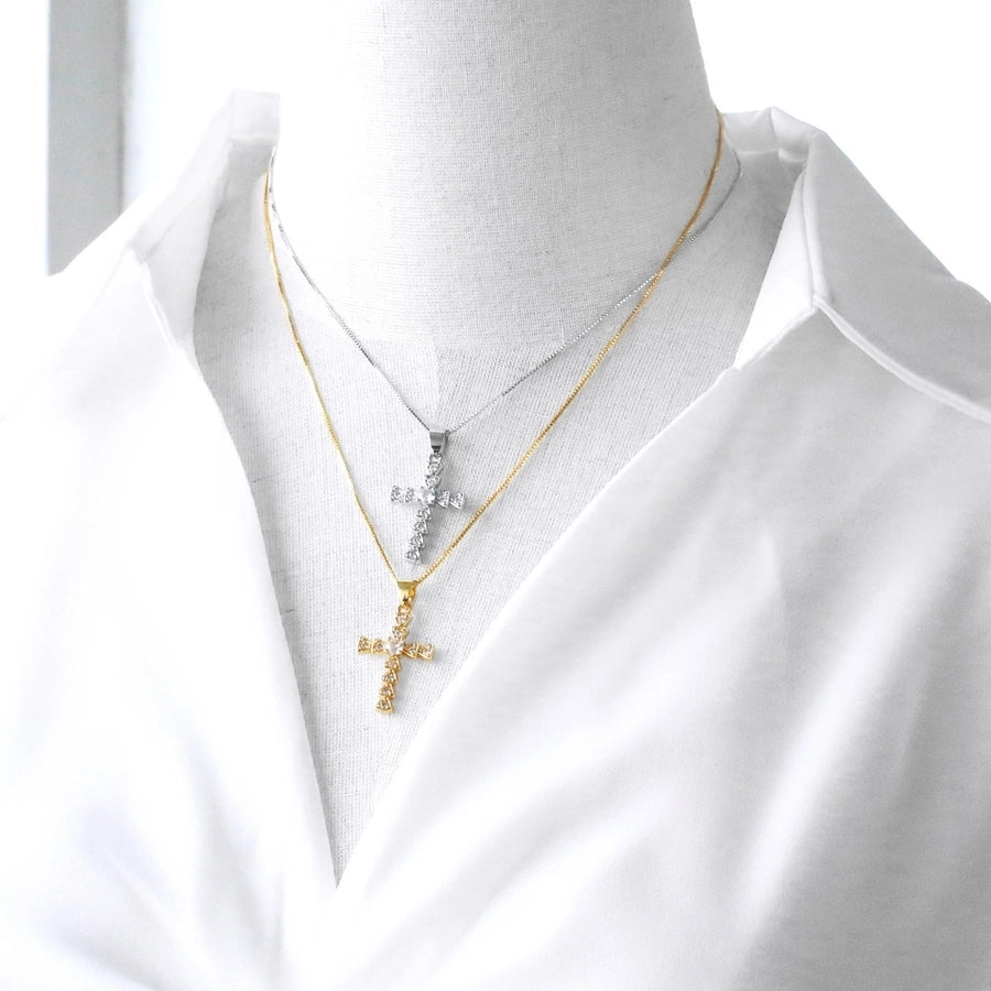 Copper 18K Gold Plated Plating Inlay Cross Zircon Pendant Necklace