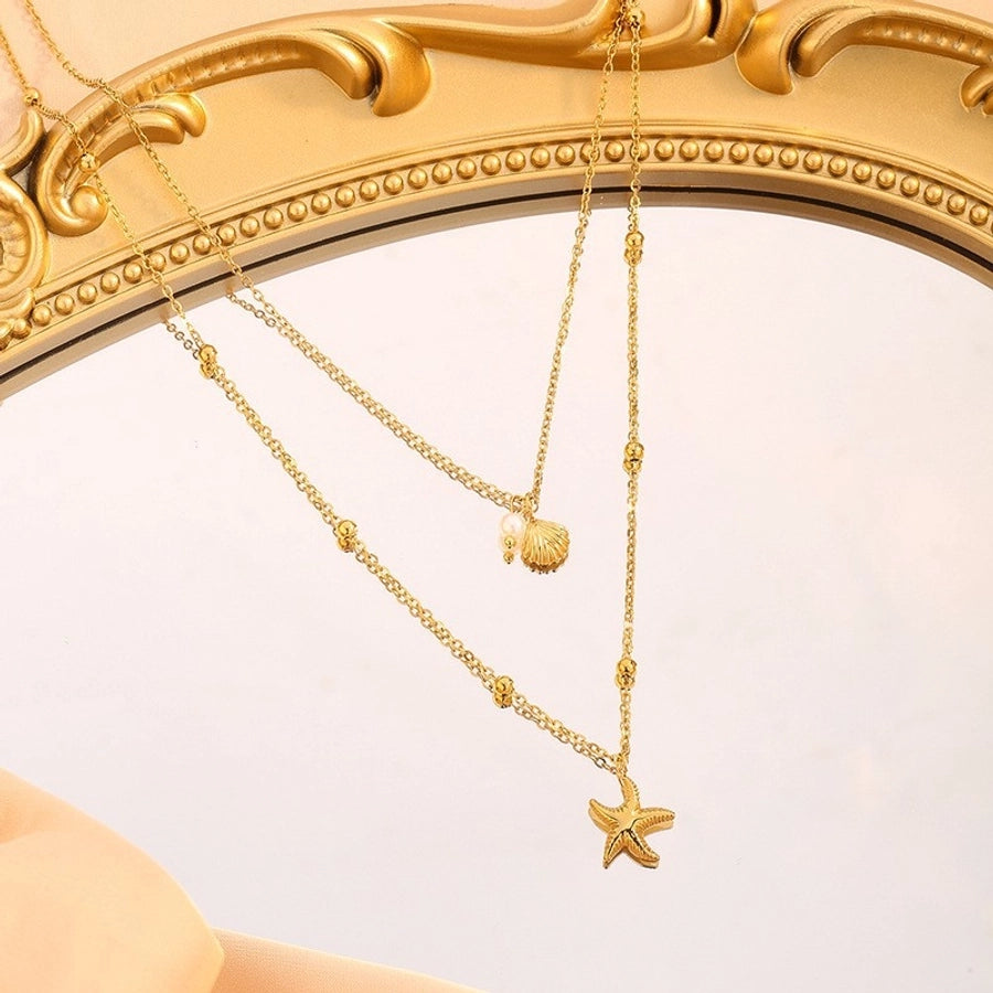 Jewelry Cute Vintage Style Vacation Geometric Starfish Shell 304 Stainless Steel 18K Gold Plated Double Layer Necklaces