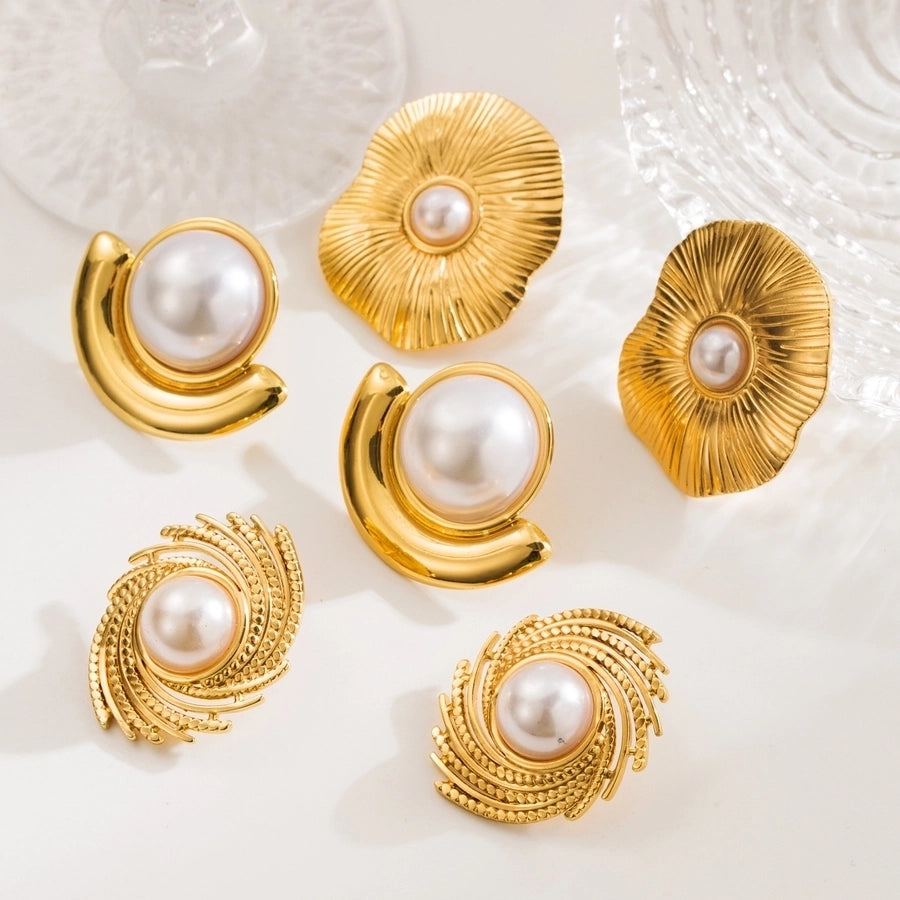 1 Pair Retro Artistic Geometric Plating Inlay 304 Stainless Steel Pearl 18K Gold Plated Ear Studs