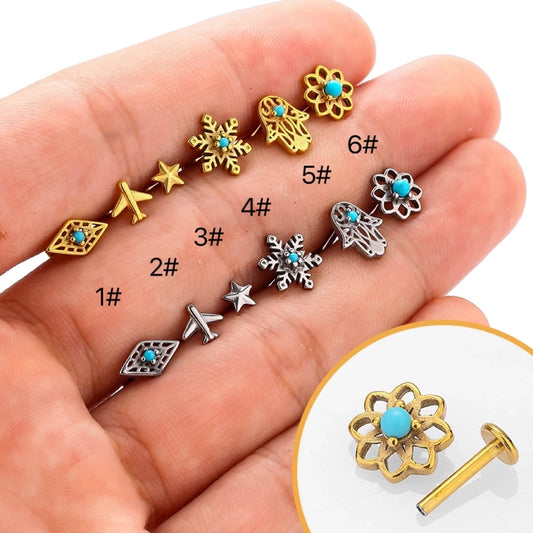 1pcs 316L Stainless Steel Internal Teeth Flat Bottom Rod Retro Turquoise Hollow Flower Labret Ear Bone Stud   Piercing Earrings Lip Decoration - CEJEW