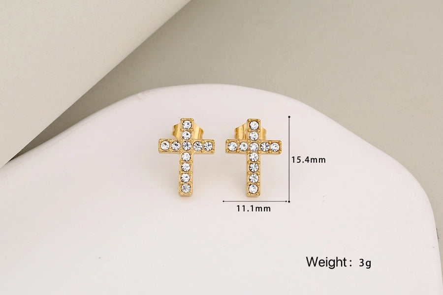 Jewelry Luxurious Classic Style Shiny Cross Round 304 Stainless Steel Rhinestones 18K Gold Plated Inlay Jewelry Set