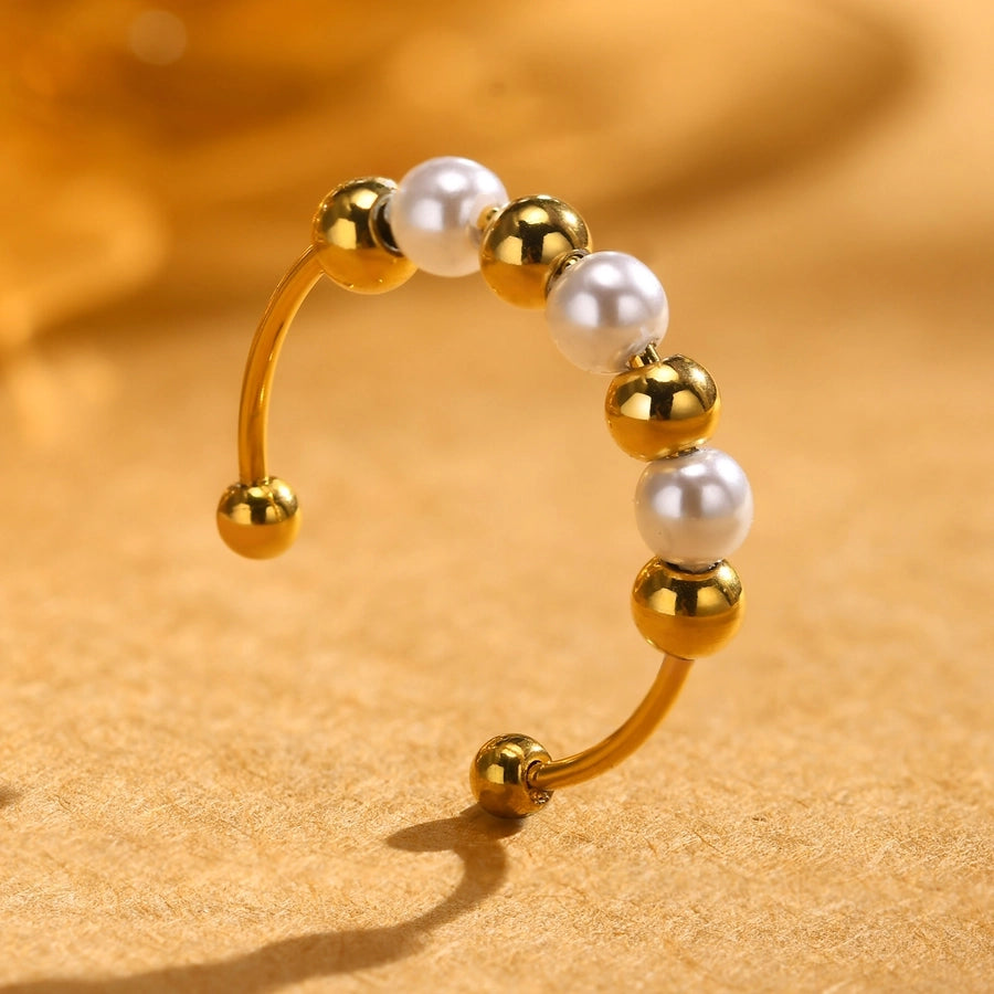 304 Stainless Steel 18K Gold Plated Elegant Simple Style Beaded Geometric Artificial Pearls Open Rings